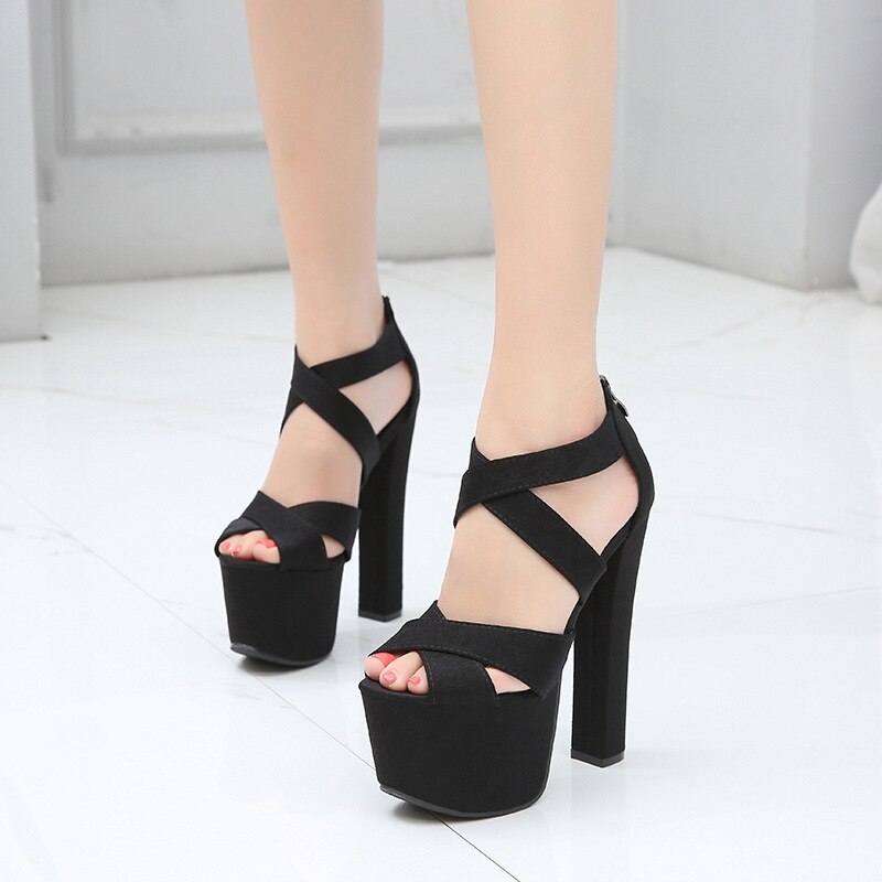 CEVABULE 16Cm Stage Catwalk Shoes Super High Heel Coarse Heel Sandals Zipper Black High Heels Female Summer ZYW-628-2: 36