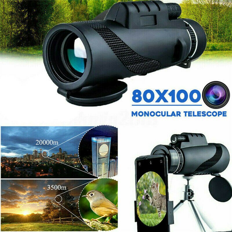 80x100 HD Monocular Telescope - Zoom Lens with Tripod & Phone Clip - Night Vision for Camping