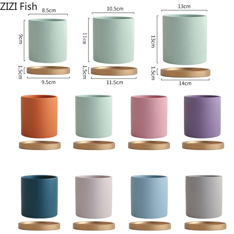 Eenvoudige, rechte, kleurrijke, cilindrische, keramische bloempot in europese stijl, vetplanten, bloemen, groene dillepot met gouden schaal