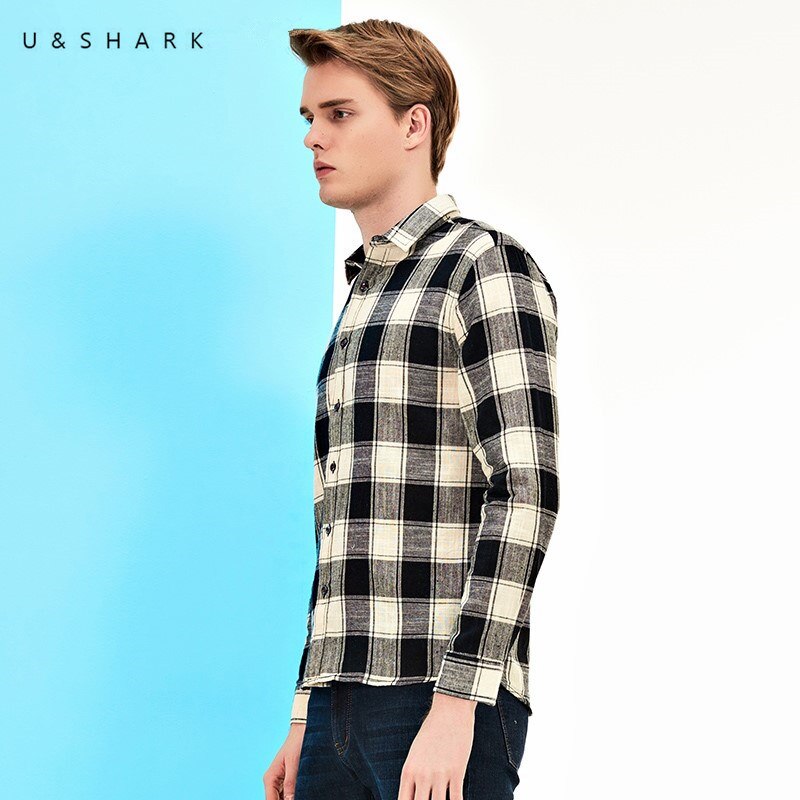 U&SHARK Men Vintage Plaid Shirt Long Sleeve Flannel Black Checkered Casual Shirts Chemise Homme Male Cotton Brown
