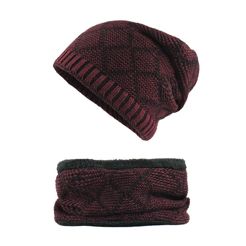 nouvelle de luxe tricot Beanie chapeau écharpe hommes hiver Plaid Plus velours écharpe épaissir couverture Cap écharpes Ski Bone: Rouge