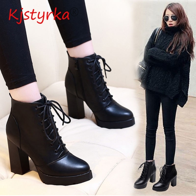 Ankle Boots For Women High Heels Short Boots Women Patent Leather Lace-up Red Black Shoes Lady Large size 40