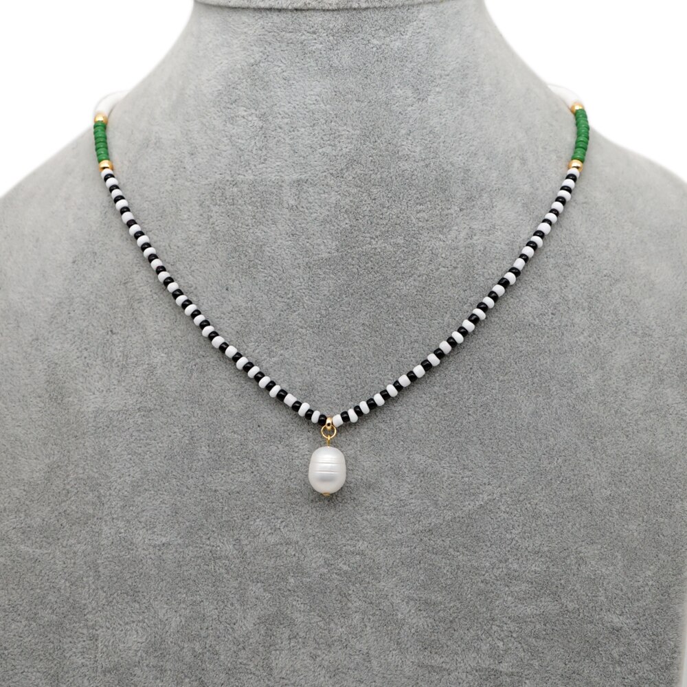 Go2 boho zoetwaterparel kettingen voor dames, colliers, sieraden, heishi kralen, choker, zwart-witte kettingen, collier femme boho
