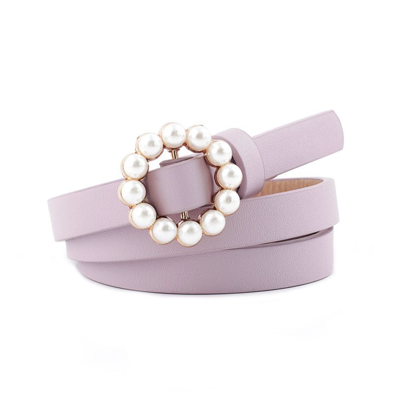 Perle dekorativt belte dame belte rund pin spenne perle belter dame casual solid pu lær tynt belte: Lilla