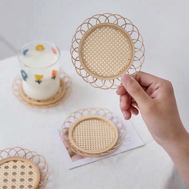 Japanese Style Bamboo Round Rattan Woven Saucer Handmade Bamboo Coaster Cup Holder Pot Pad Tea Mat Rattan Woven Cup