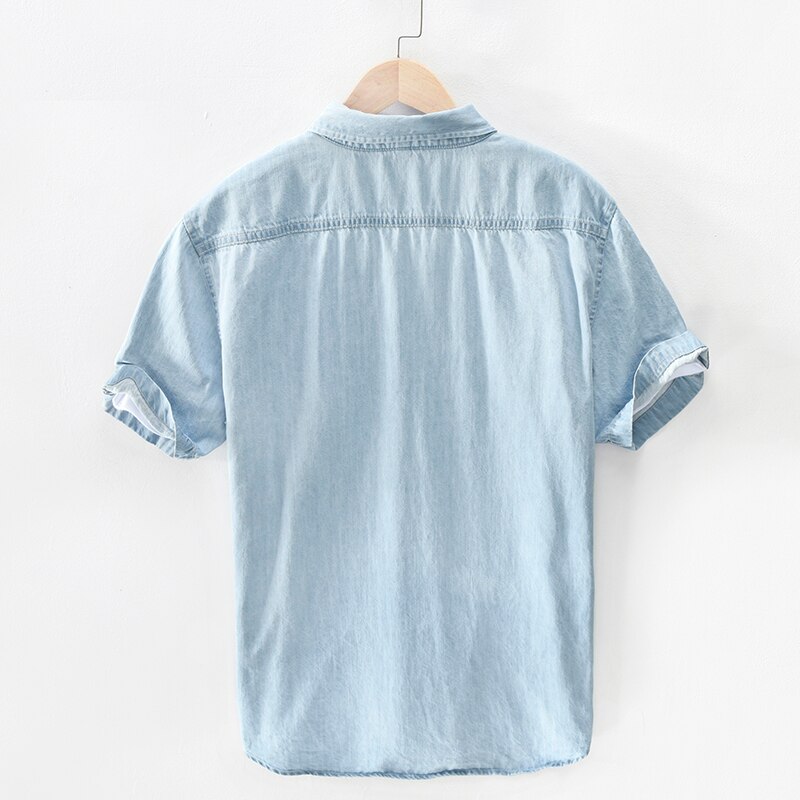Mænd kortærmede denim skjorter sommer 100%  bomuld bløde casual jeans cowboy skjorte åndbar