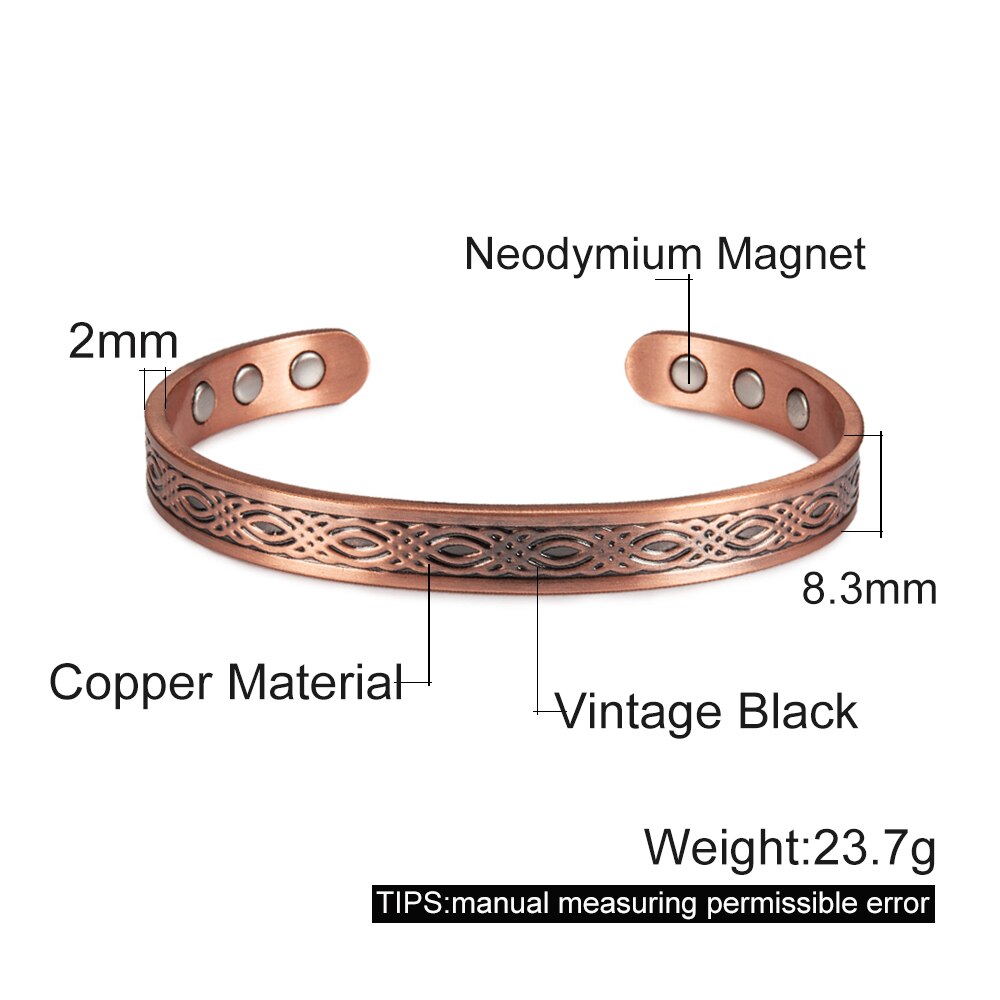 Bracelet magnétique en cuivre véritable pour femmes, ajustable, Vintage, Viking, en cuivre pur, manchette magnétique