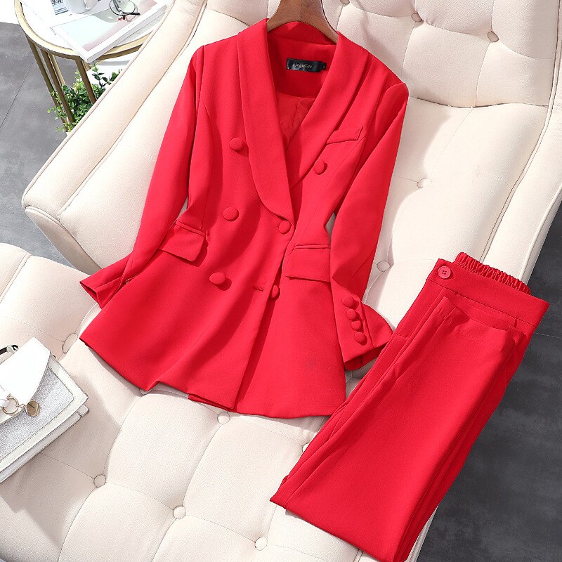 Women's Office Lady Two Pieces Solid Double Breasted Turn-down Collar Blazers Trouesrs Pant Suits Plus Size 4XL: Red / 5XL