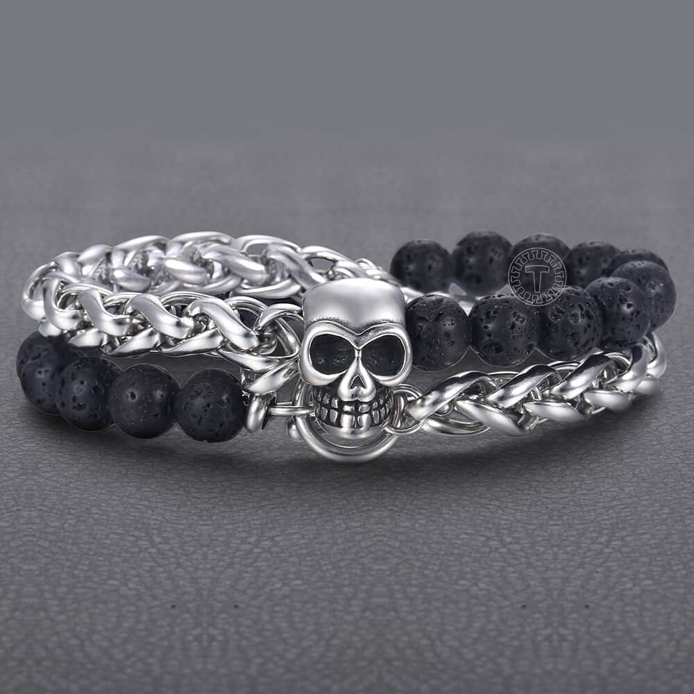 Black Lava Beaded Bracelet for Men Stainless Steel Double Layered Wheat Link Skull Charm Bracelets Male Halloween Jewelry LDB183