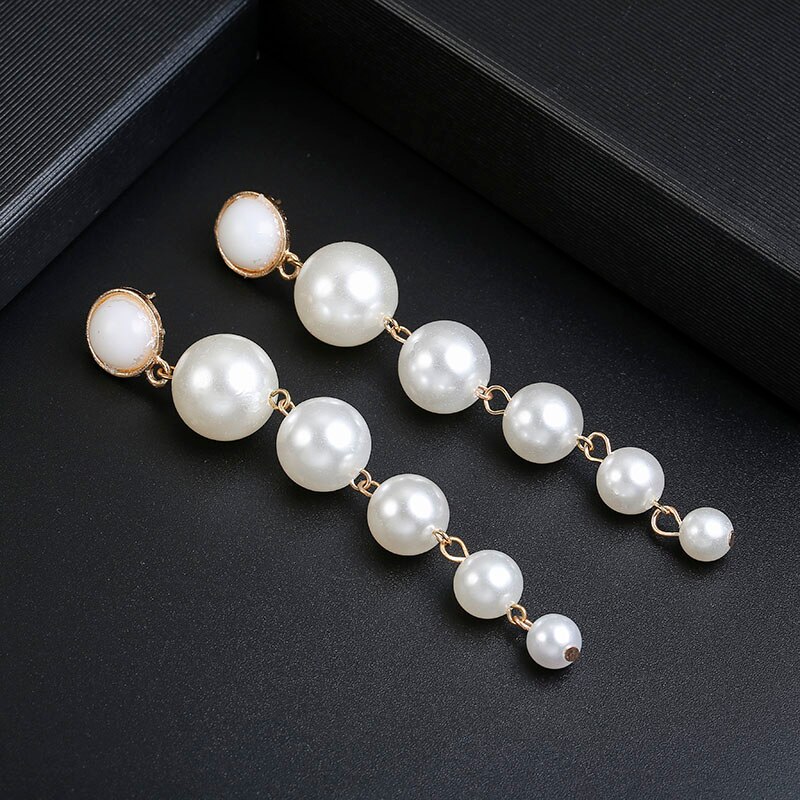 Pendientes largos de perlas de imitación para mujer, pendientes colgantes de perla redonda blanca para boda, joyería de coreana: 59