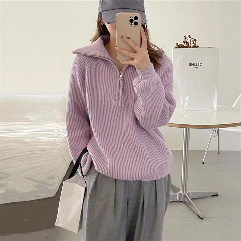 Otoño Invierno cálido suéter mujer sólido manga larga prendas de punto cuello con cremallera suéter de punto suelto Jumper Top NS5952: Morado