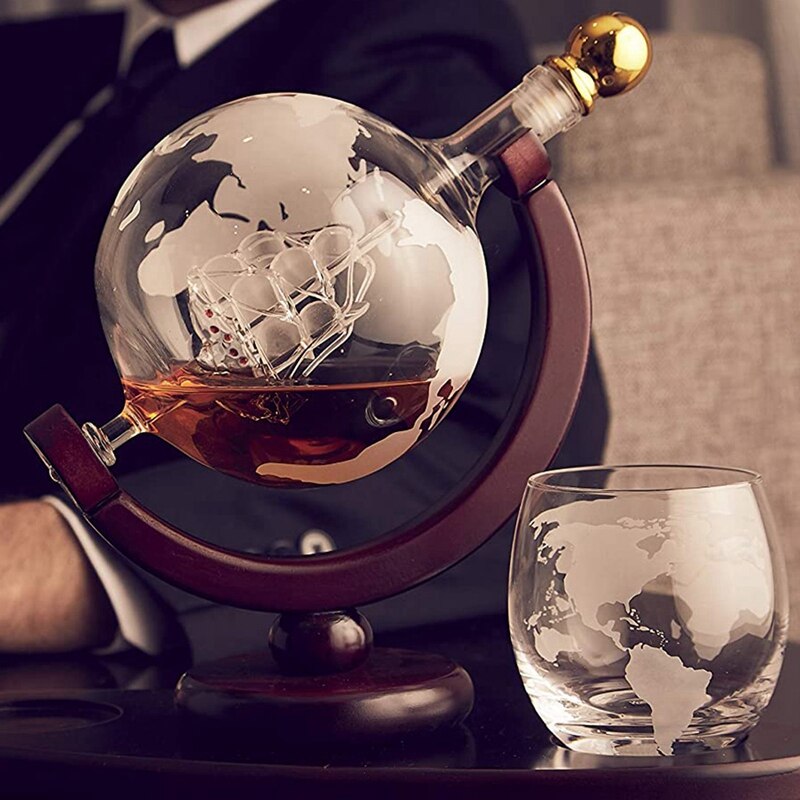 Juego de decantador de Whisky Globe con 2 vasos de Whisky de globo grabados-para licor, Bourbon, Vodka - 850Ml.