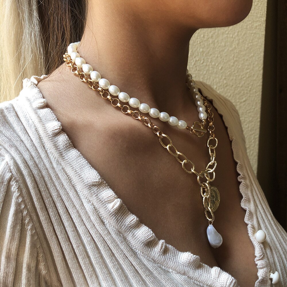 DIEZI Vintage Exaggeration Statement Choker Necklace Wedding Imitation Pearl Coin Pendant Necklaces Women Chain Jewelry
