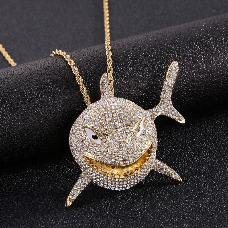 Hip Hop Big Shark Pendant Necklace Pave Bling Cubic Zircon Party Jewelry With Big Iced Out Crystal Miami Cuban Link Chain: gold  rope chain