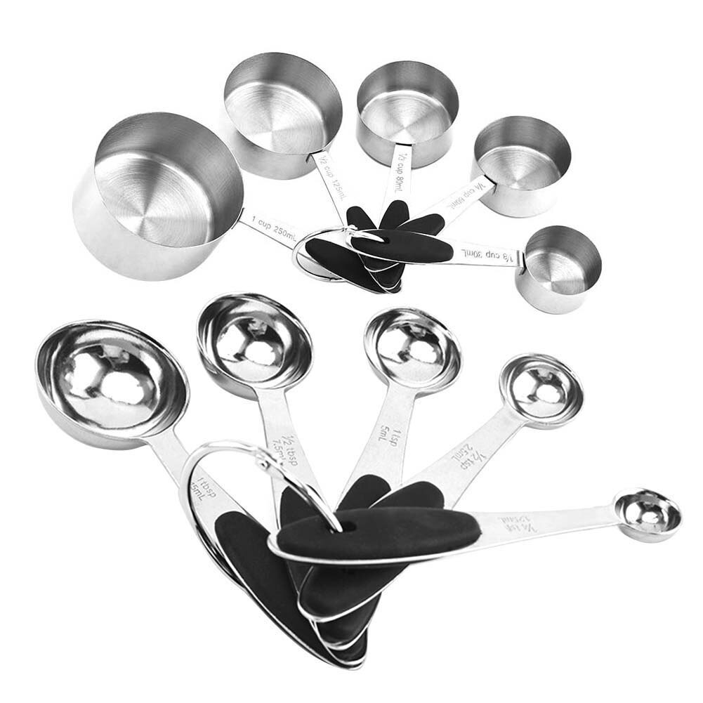 10 Stks/partij Rvs Maatbekers En Lepels Duurzaam Keuken Koken Bakken Meetinstrumenten Met Siliconen Handgrepen: Black / Measuring Cup Spoon