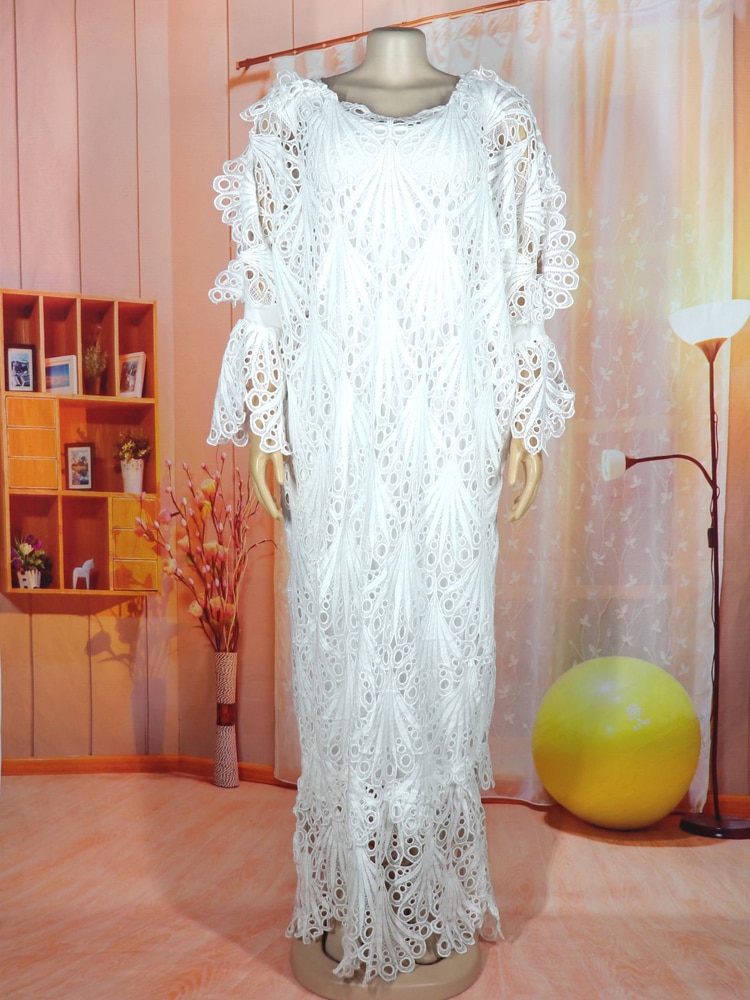 Aankomst Twee Stuk Afrikaanse Jurken Voor Vrouwen Exquisite Hollow Out Witte Jurk Lange Mouw Losse Soort Mode Stijl kleding