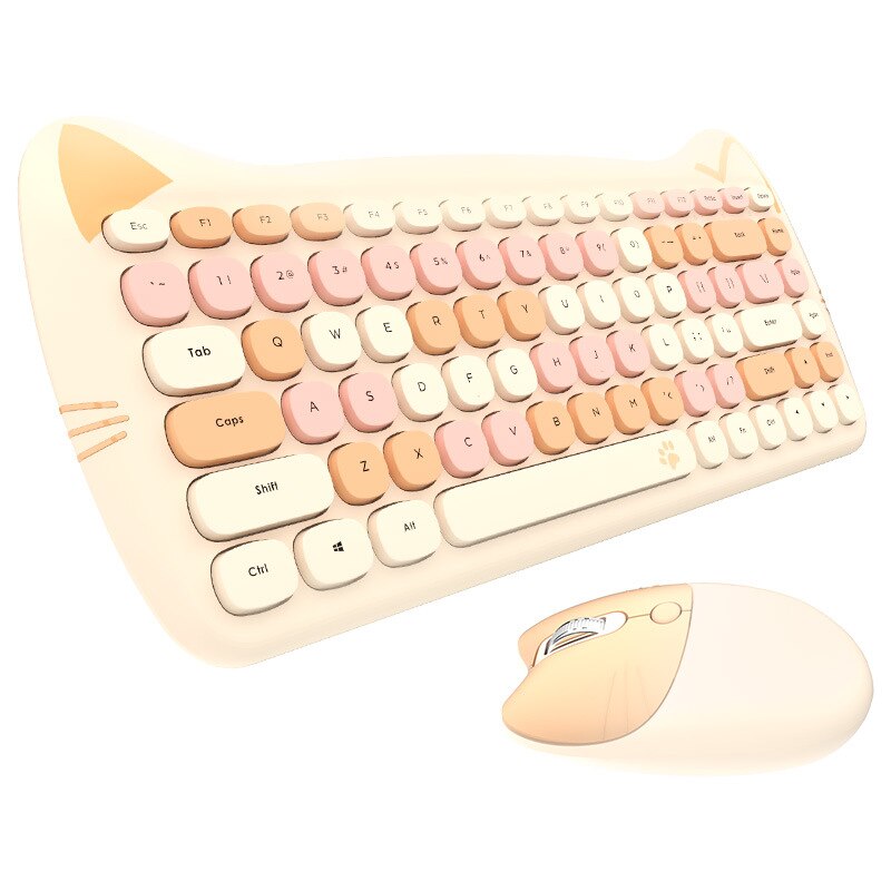 Cut Cat 2.4G Wireless Ergonomics Keyboard Set Mixed Candy Color Keycap Keyboard and Mouse Comb for Laptop Notebook PC Girls: Milk tea suit