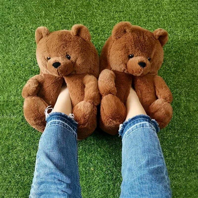 Kvinder sød bjørn plys tøfler tegneserie sød bjørn hus tøfler vinter varm furry faux fur slides kvinde furry flip flop sko