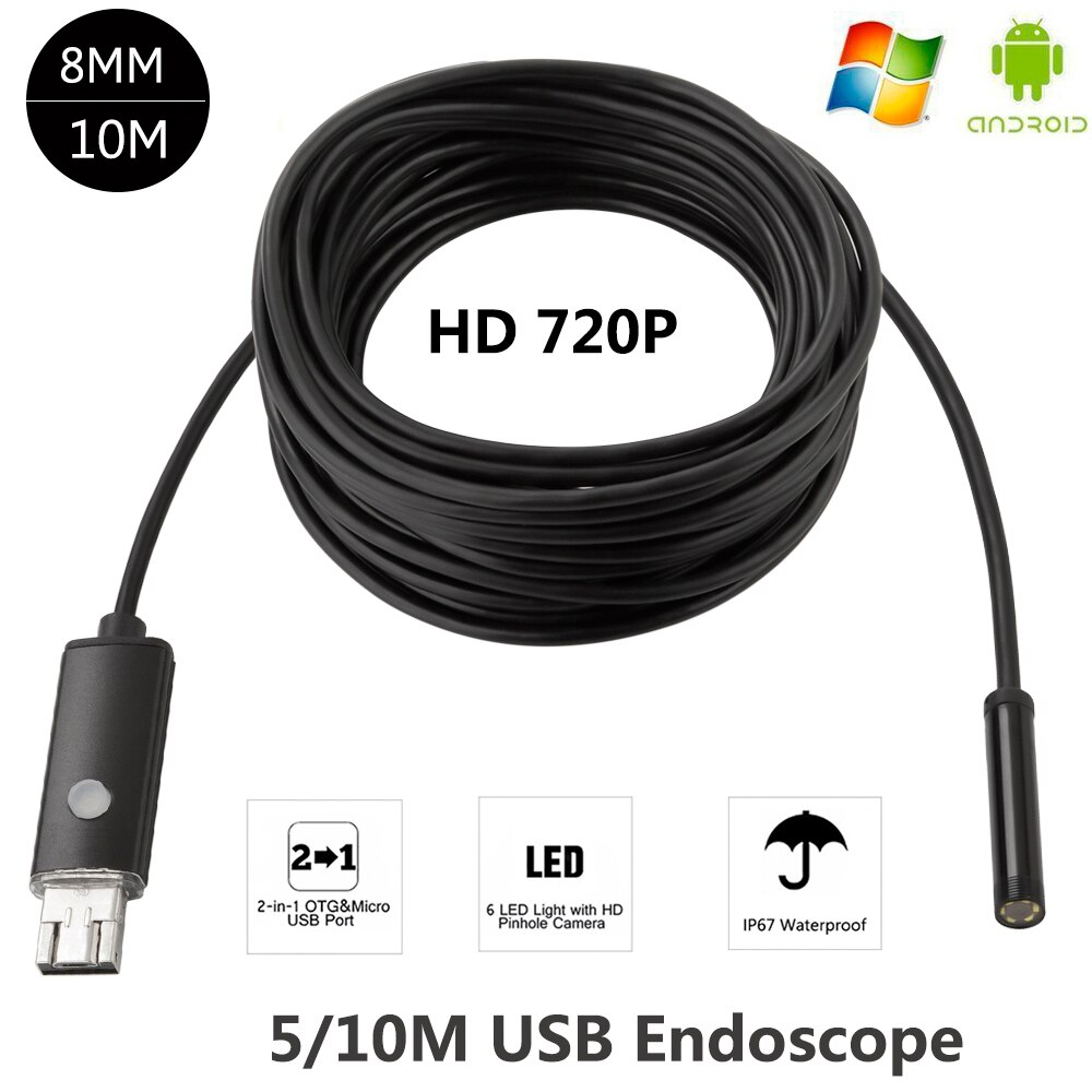 HD 2MP 8 doprowadziło 8mm Len 1M 5M android endoskop USB IP67 wodoodporny boroskop inspekcyjny rura aparat fotograficzny OTG telefon z systemem android 720P