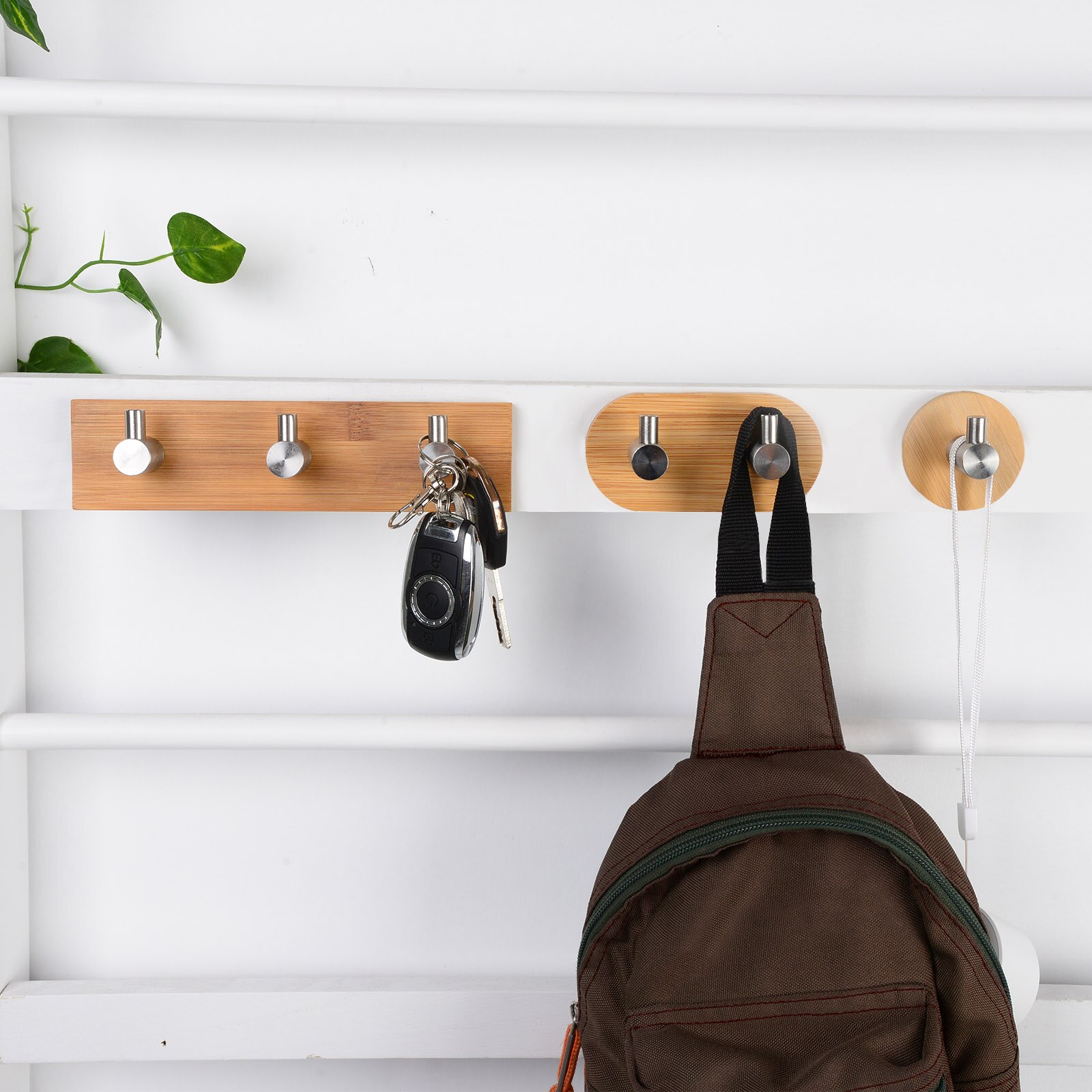 1 Stuks Zelfklevende Hout Bamboe Rvs Haak Muur Zak Hoofdtelefoon Sleutel Hanger Handdoek Roestvrij Plank Kleding Haak Opslag