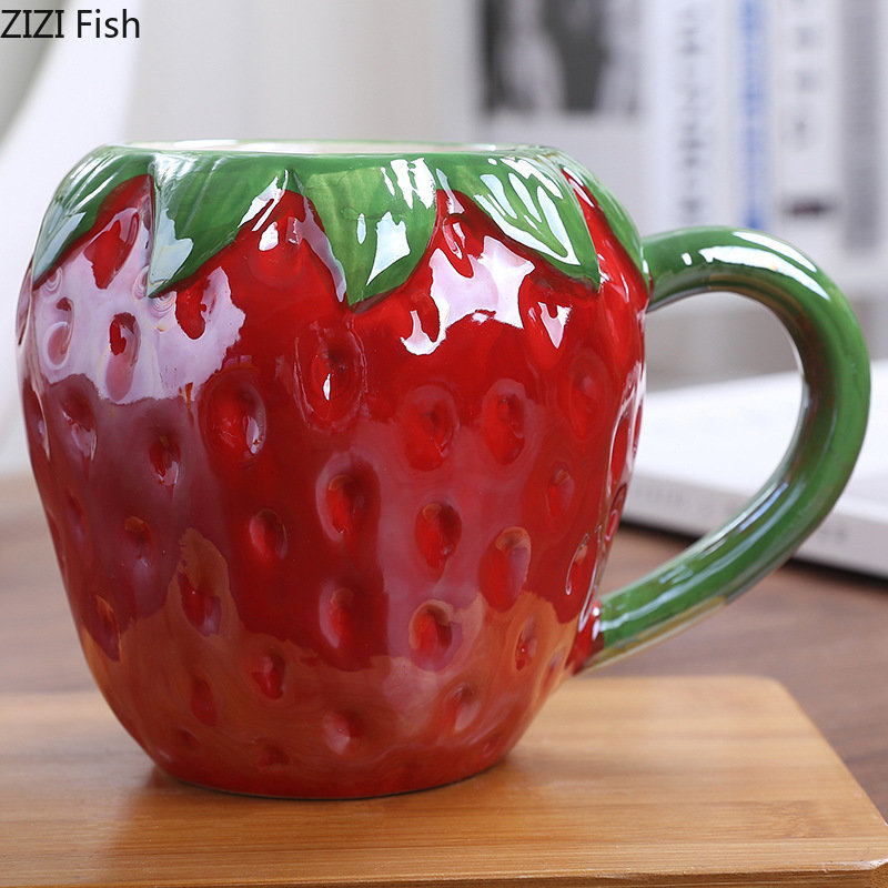 Taza de cerámica de fruta colorida creativa, taza de piña y fresas, fruta de dibujos animados, taza de leche para desayuno para niños, tazas de café