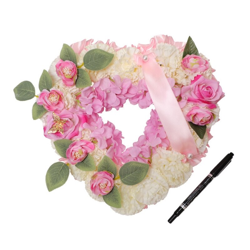 Artificial Flower Garland Funeral Floral Arrangements Heart Shaped Tribute Memorial Wreath with Ribbon Grave Halls Decor: Pink