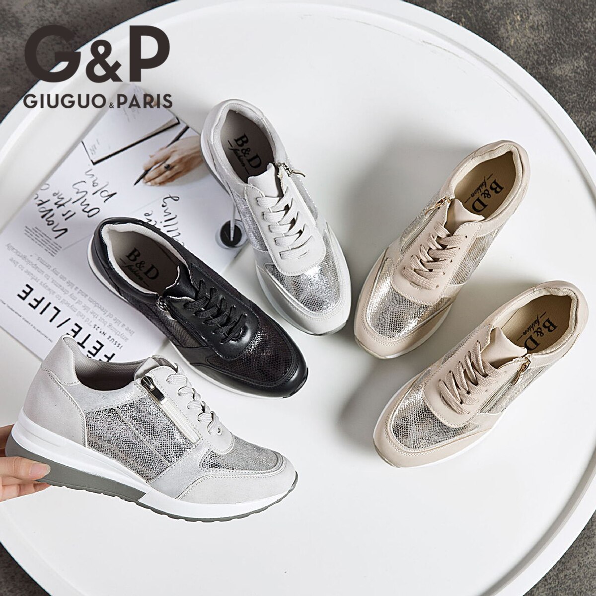 Casual wedge sneakers dame sportsmærke sko åndbare letvægts glitter sneakers med snøre