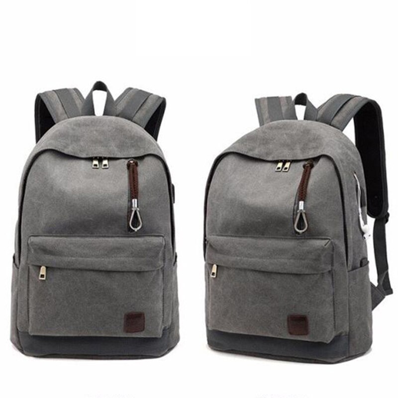 Boshikang Herren Rucksack Reine Baumwolle Leinwand USB Ladung Hochschule Schüler Schule Taschen Laptop Reise Rucksack Für Teenager: grau-USB