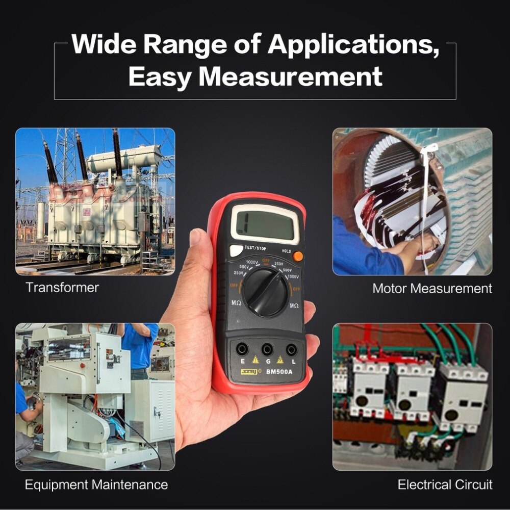 BM500A Digital Megger 1000V Auto Range Insulation Resistance ohm Meter Tester Megohmmeter Multimeter Voltmeter LED indication