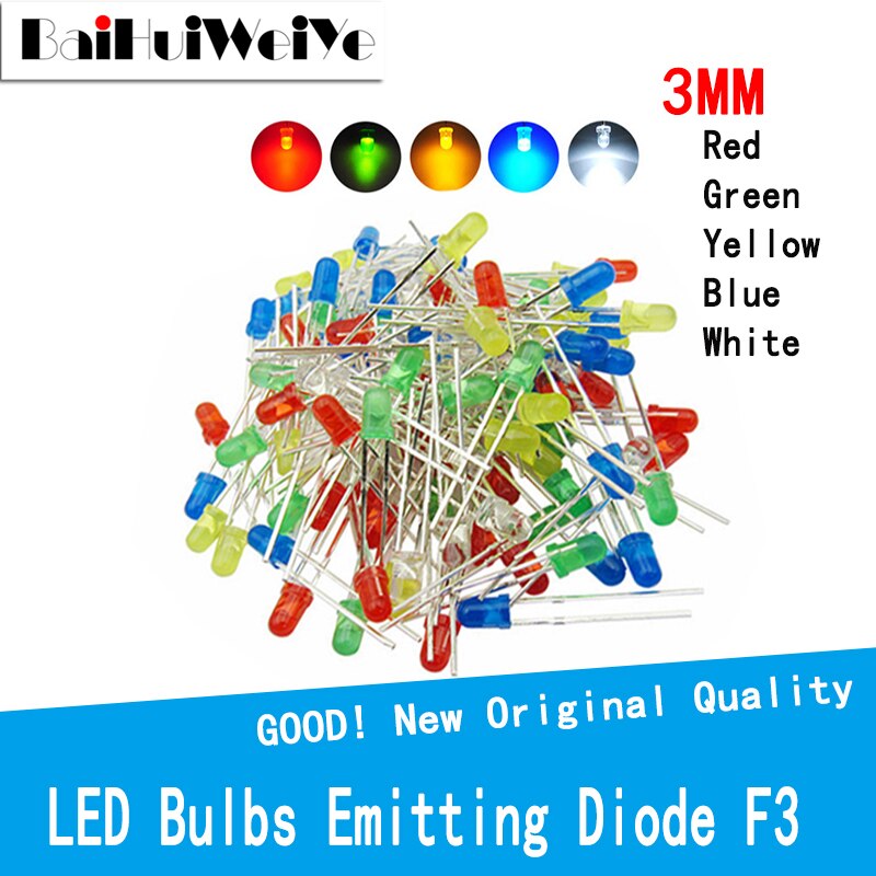 100PCS/LOTE Transparent Round 3mm super bright water clear Green Red white Yellow Blue Light LED bulbs emitting diode F3 3MM