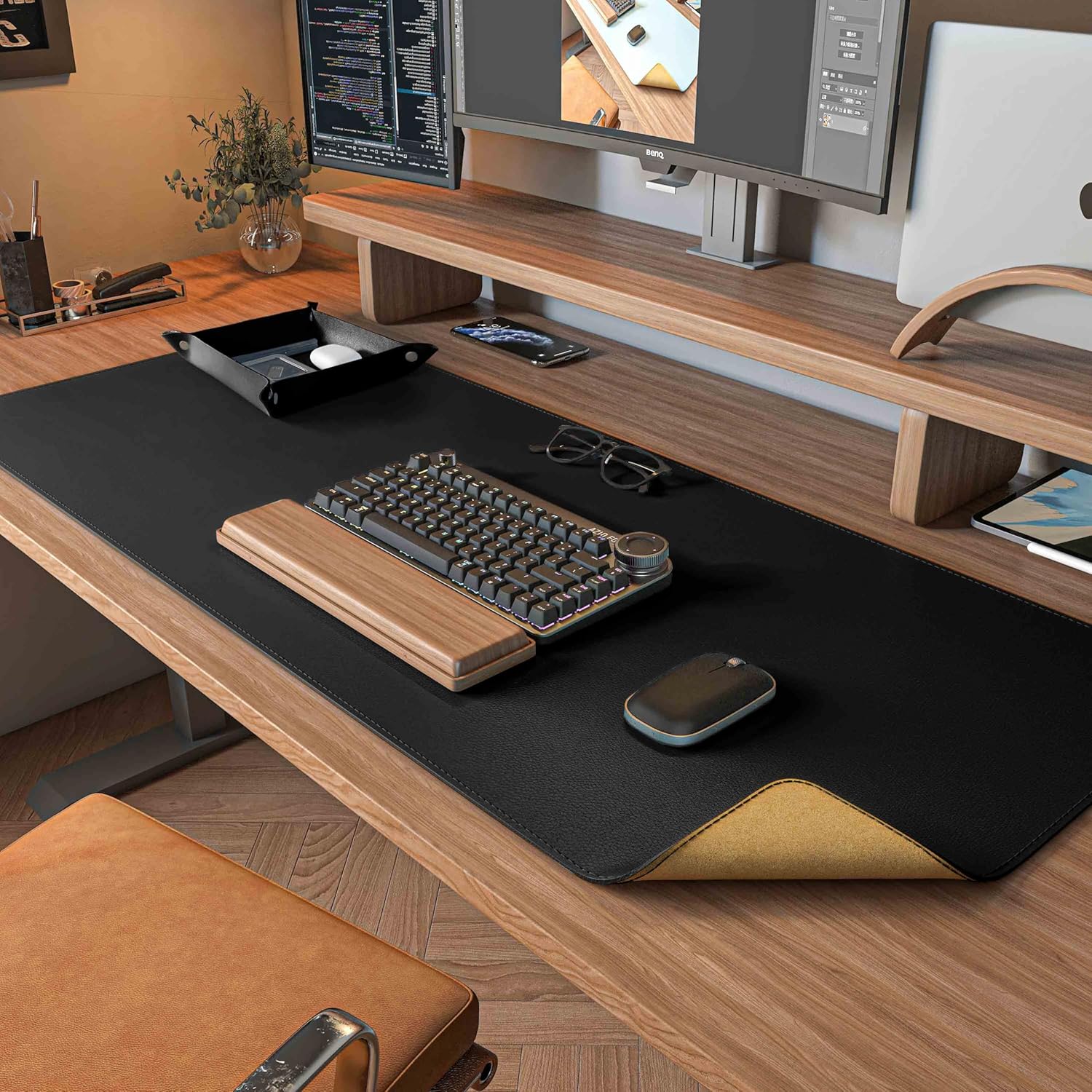 Dual Sided Desk Mat,Leather Desk Pad,Black Cork Desk Mat Protector,Large Mouse Pad,Desk Writing Pad for Office and Home: 90x45 cm / black