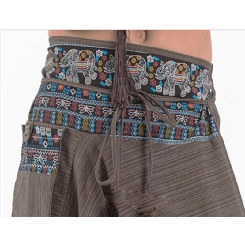 Pantalones bombachos tailandeses para hombre, ropa informal Vintage, holgada, Bohemia, para Festival, Hippy, pantalones de pierna ancha de cintura alta, trajes medievales