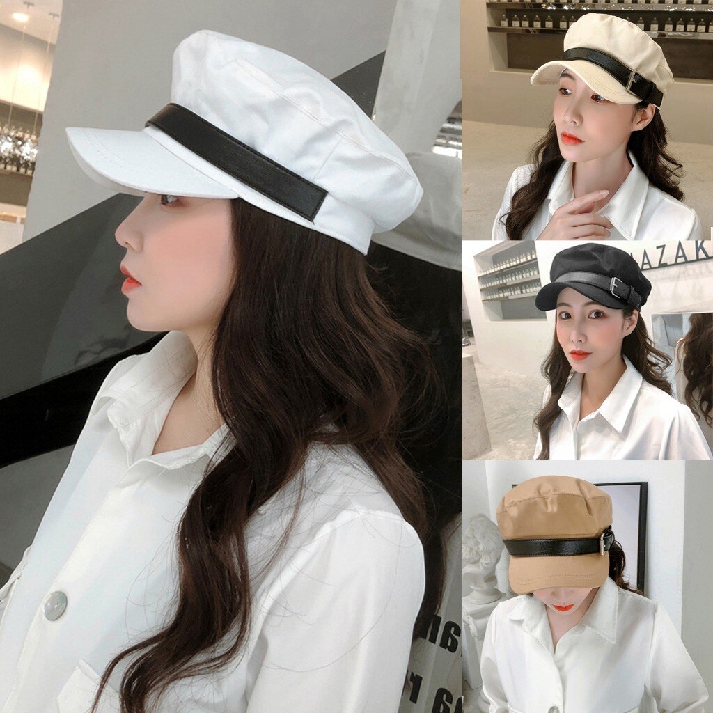 Winter Vintage Women Solid Hat Belt Buckle Cap Navy Cap