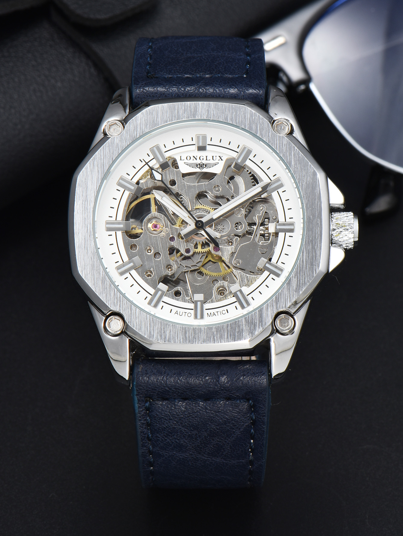 LONGLUX montre automatique sport style montres mécaniques creux en cuir hommes montre hommes: WHITE