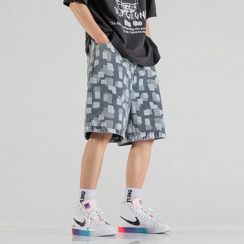 Summer Denim Shorts Loose Leg Casual Knee Length Drawsting Pants: Denim Blue / 5XL