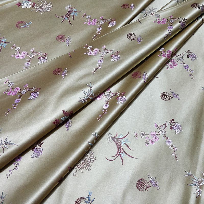Chinese Silk Brocade Fabric Dobby Cheongsam Tang Suit Costume Wedding Dress Coat Cushion Cover Bag Meilan Bamboo Chrysanthemum: Light Gold