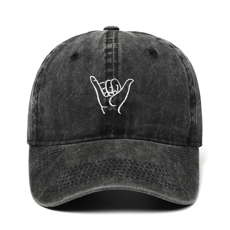 Hang losse honkbalpet geborduurd gewassen distressed dad pet shaka surfer hand aloha ongestructureerde verstelbare band achter hoed pet: Zwart