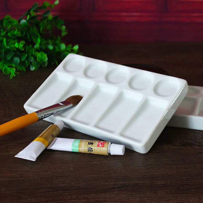 Paleta de pintura Rectangular de cerámica blanca para artistas, acuarela, pintura al óleo de acrílico, caligrafía, 10 pozos, 19,3*11*1,8 cm