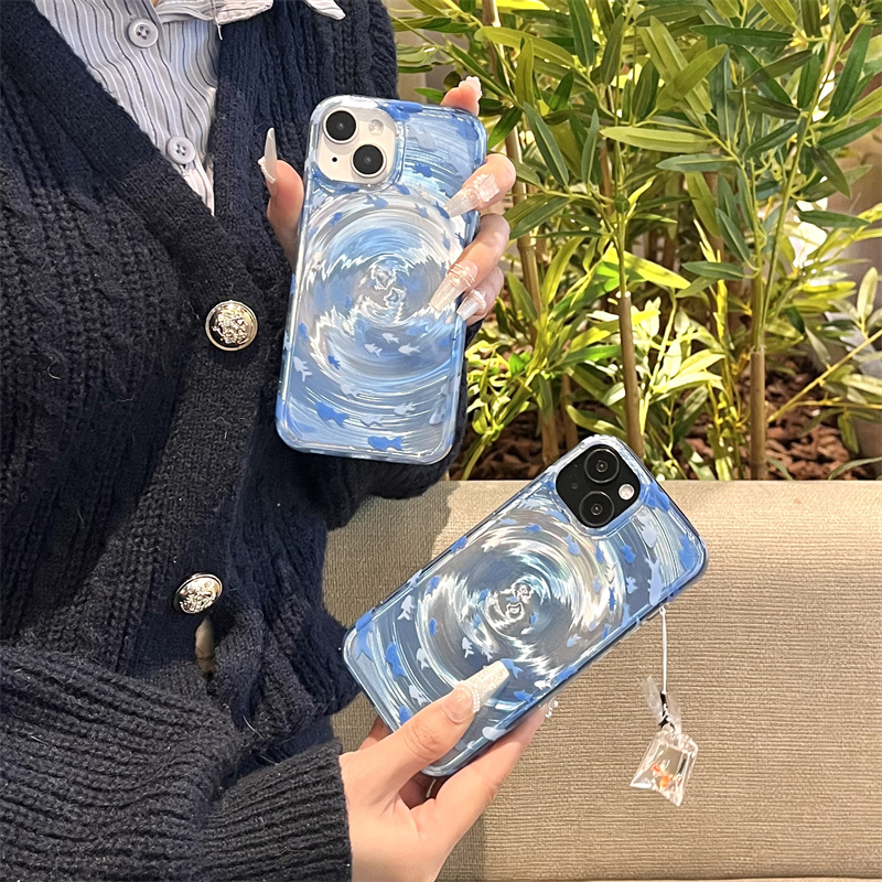 Bonita funda de teléfono para Apple iPhone 16 Pro 14 15 13 Pro Max, funda trasera con colgante de silicona Kawaii Ripple Vortex Fish, fundas 15Pro