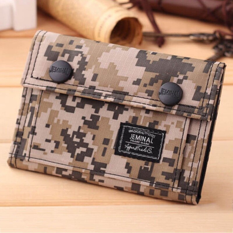 Men Canvas Clutch Wallet ID Bifold Camouflage Credit Card Holder Purse Mesh Pocket Short Wallet Card Bag Zipper Buckle