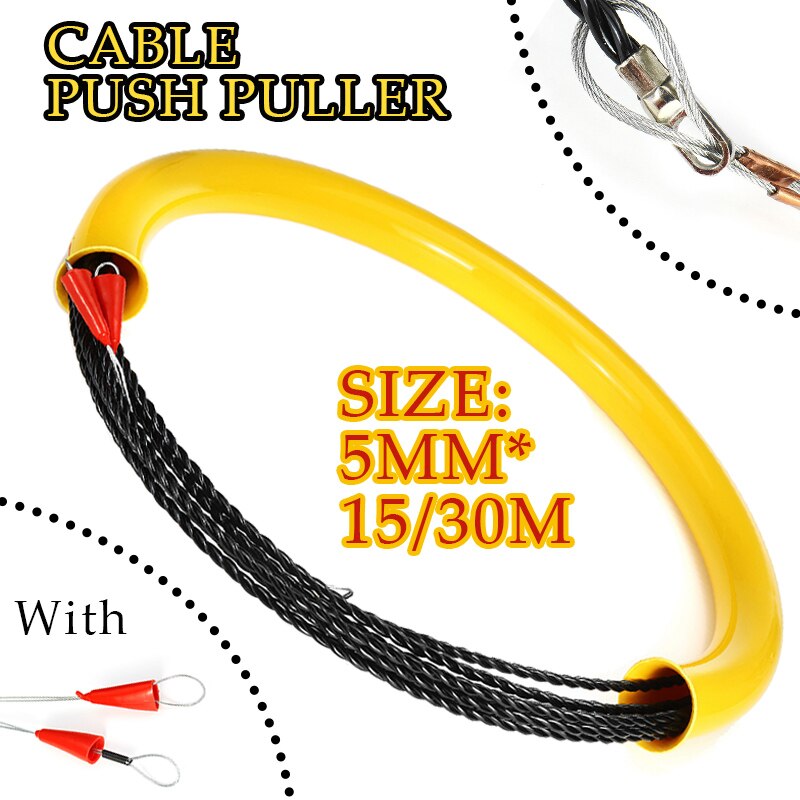 15M/30M 5mm Cable Push Puller Rodder Conduit Fish Tape Fiberglass Cable Tested Wire Pullers Guide Device Wire Threading Aid Tool