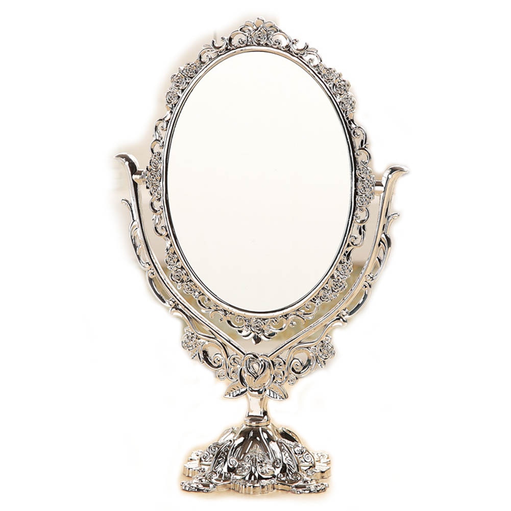 Espejo redondo de pie para dormitorio, espejo decorativo de plástico plateado, estilo nórdico Vintage, pequeño para maquillaje, para sala de mesa