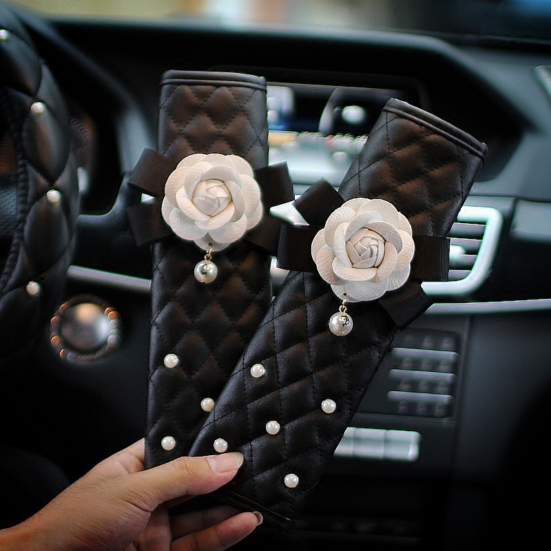 Leather Pearl Camellia Flower Car Seat Belt Cover Shoulder Pads Car Shifter Hand Brake Covers Auto Interior Accessories