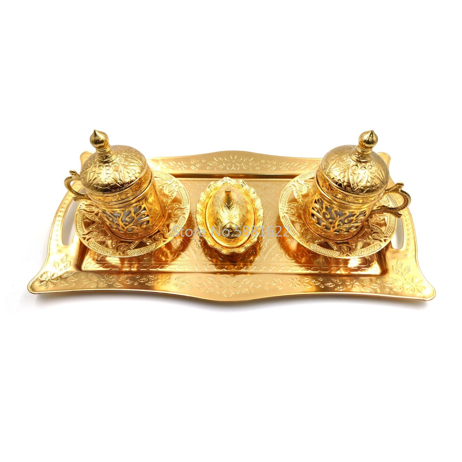 Handgjord klöver turkisk grekisk arabisk kaffe espresso serveringssats för 2, koppar fat fat lock glädje sockerrätt