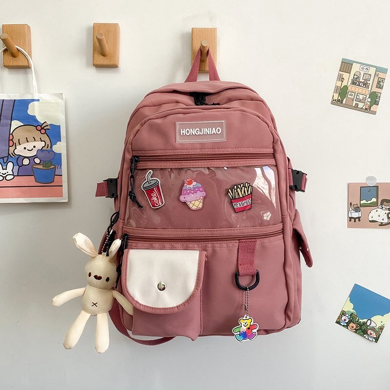 Mochila Coreana de gran capacidad para mujer, bolso escolar de bolsillo transparente para adolescentes, bolso de viaje de estilo Preppy a la: Rose / With-Accessories