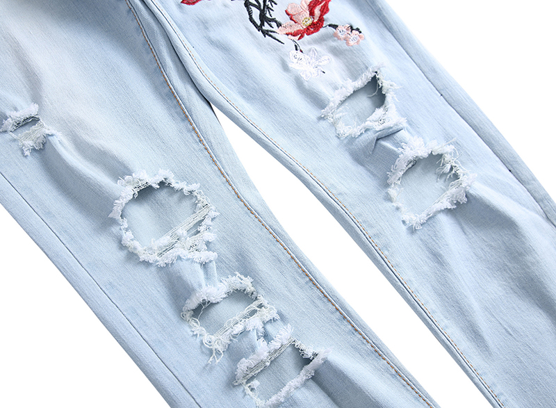Ripped Jeans with Embroidery Men with Flowers Rose Embroidered Men's Holes Denim Jeans Stretch Skinny Plus Size Jeans Pants