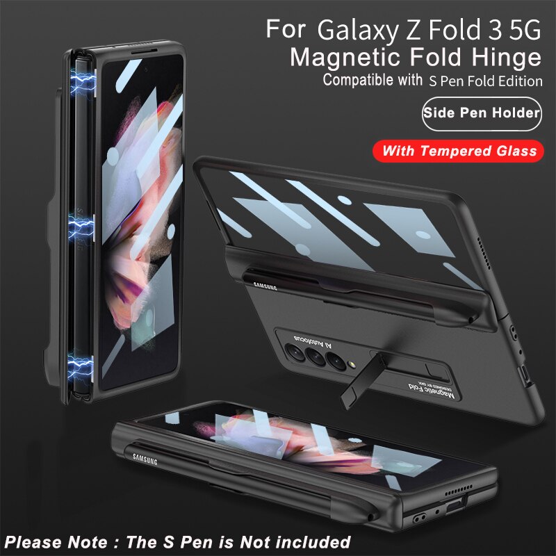 Magnetische Kickstand Pen Slot Telefoon Case Voor Samsung Galaxy Z Fold3 Vouw 3 5G Magnetische Fold Scharnier Case Armor shockproof Hard Cover: Black with Glass