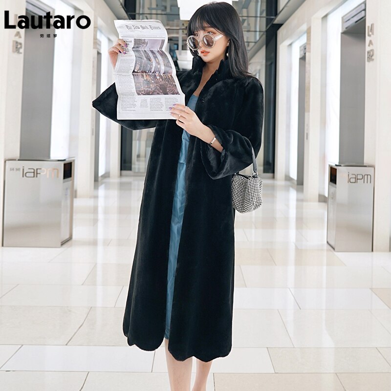 Lautaro winter lange zwarte imitatiebontjas voor dames met opstaande kraag en een dikke, warme, pluizige jas, plus size dameskleding