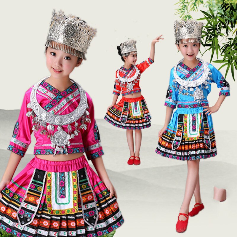 2pcs Ancient Traditional Red Rose Red Blue Chinese Miao Clothing / Hmong Clothes