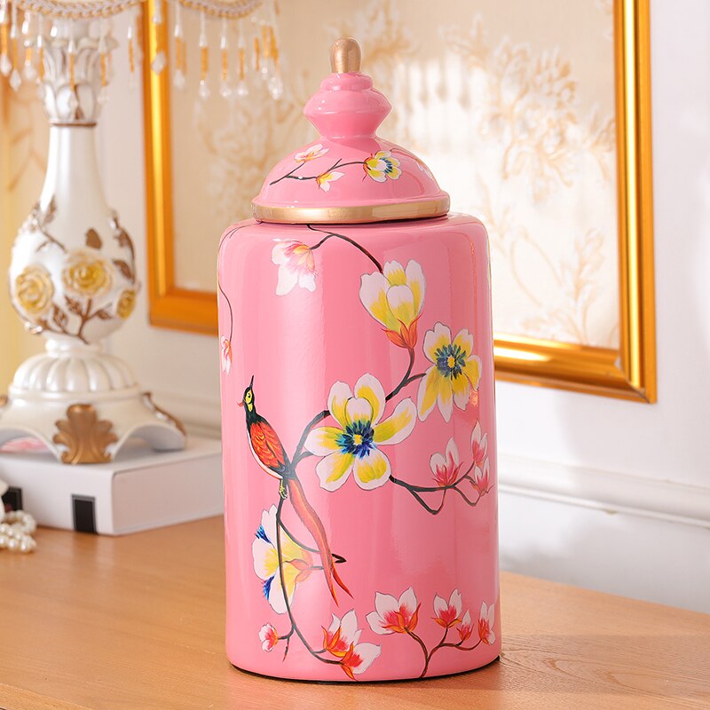 Jarrón de cerámica pintado de flores y pájaros, jarrones clásicos, tarro de caramelo antiguo, tarros de almacenamiento de porcelana multiusos, decoración Vintage para el hogar
